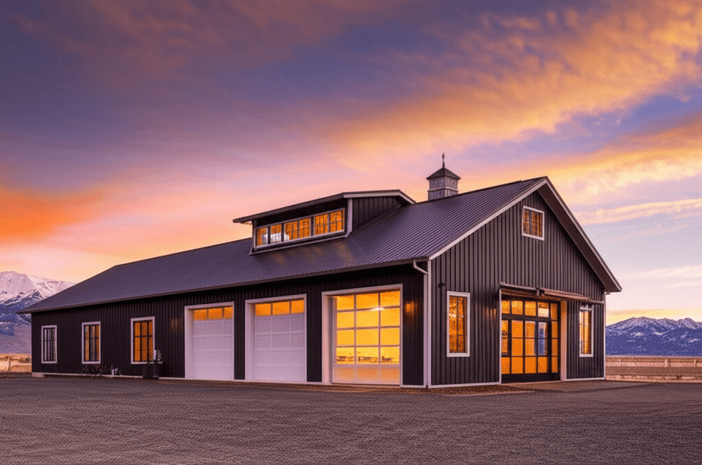 A premium post frame shop building at twilight with warm interior lighting and dramatic sky
