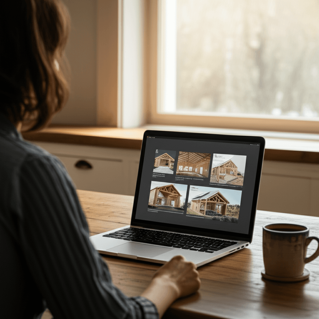 Person browsing post frame building designs on a laptop at a kitchen table