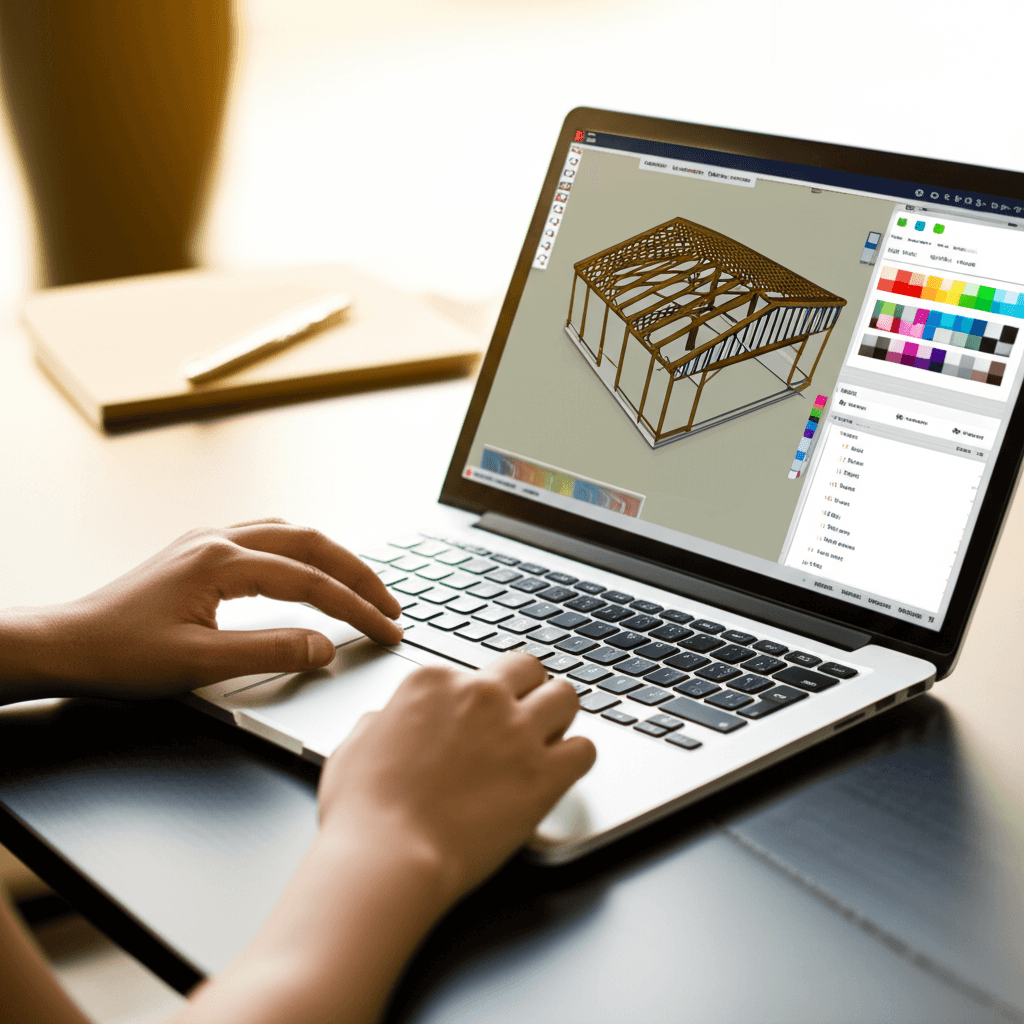 Hands on a laptop using a 3D building configurator with color swatches